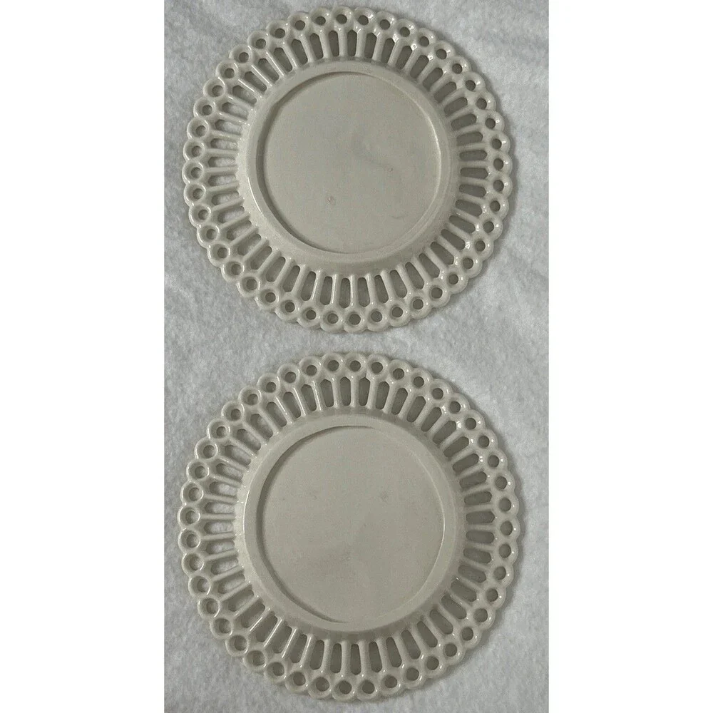 Vintage Milk Glass Ribbon lace edge Dessert Salad Plates Set Of 2 Ivory White